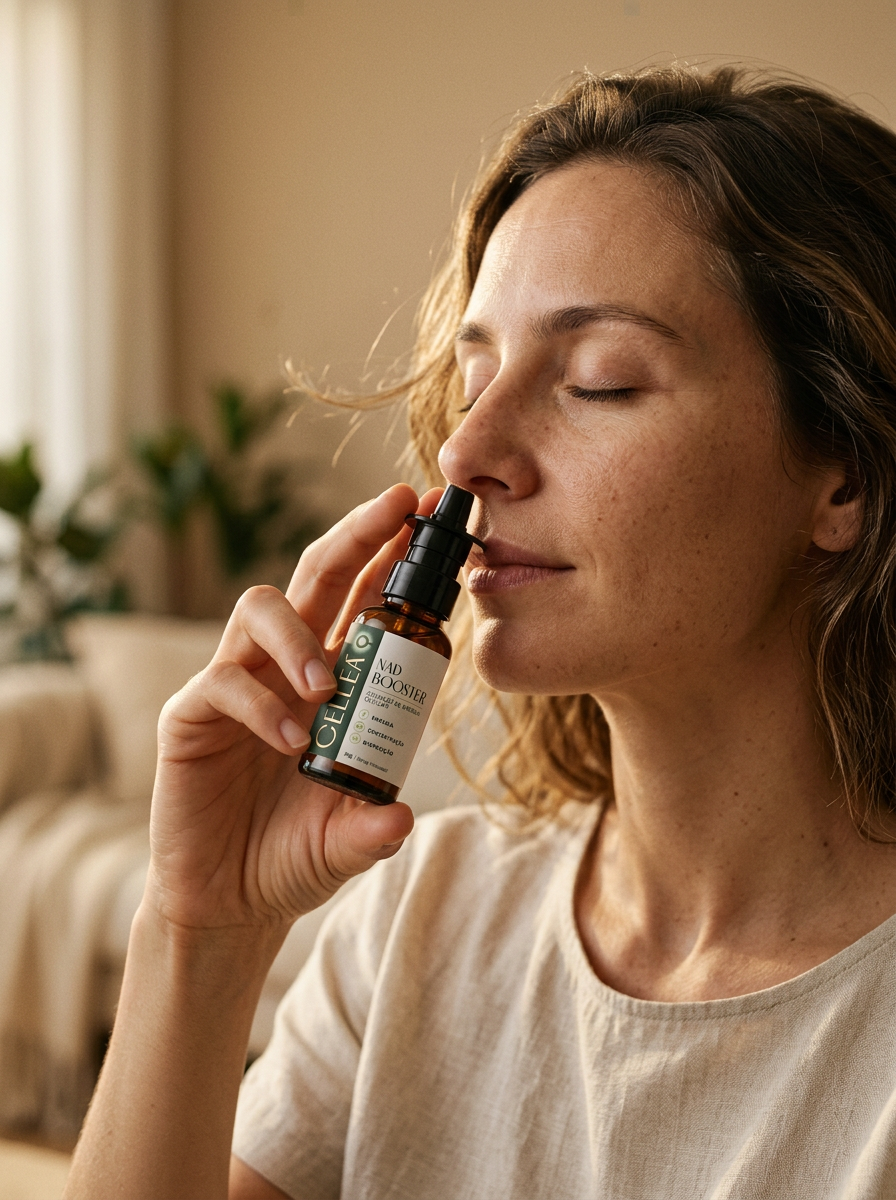 Mulher aplicando o spray intranasal CELLEÁ