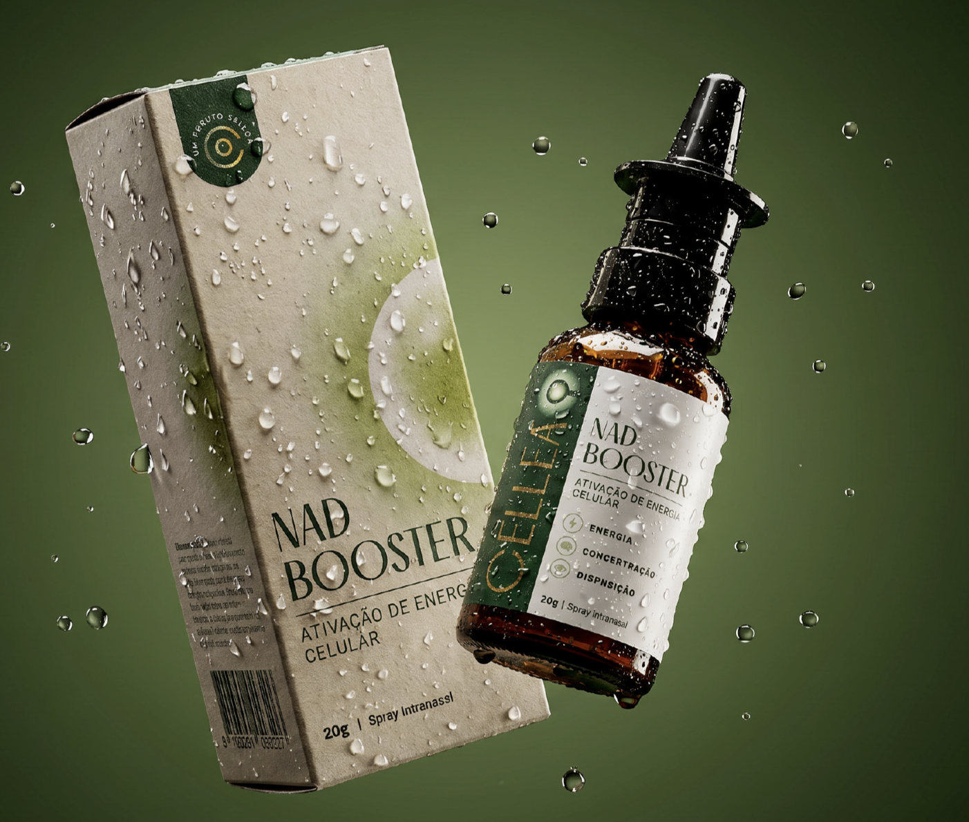 Frasco e embalagem CELLEÁ NAD Booster com gotas de água em fundo verde-floresta
